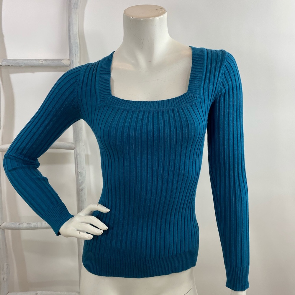 Blue/Teal Square Neck Fitted Ribbed Sweater